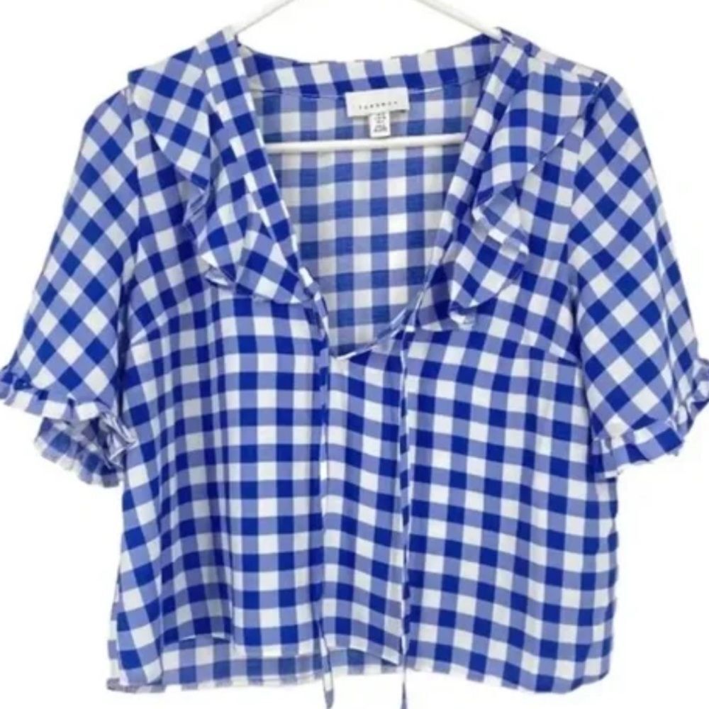 Topshop Blue Checkered Ruffle Blouse size 4 - Picture 3 of 7